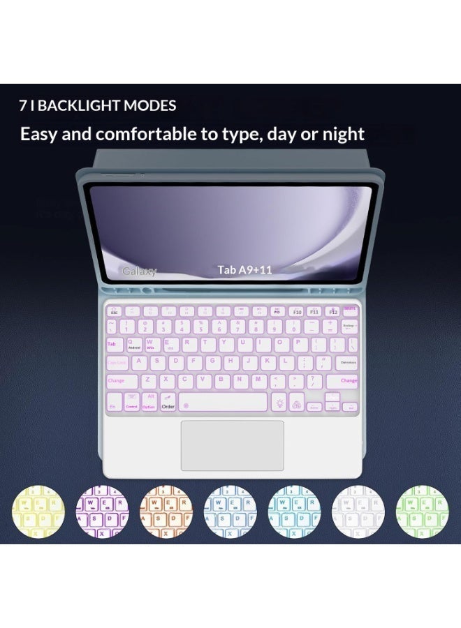 غطاء لوحة مفاتيح لسامسونج جالاكسي A9 بلس (2025)، لوحة مفاتيح قابلة للفصل بإضاءة خلفية متعددة الألوان، غطاء مقاوم للبقع، غطاء لوحة مفاتيح محمول خفيف الوزن مزود بحامل ثلاثي، حامل للقلم، مع فأرة بلوتوث، واقي شاشة، قلم ستايلس، وغطاء لوحة مفاتيح، باللون الأزرق - Image 3